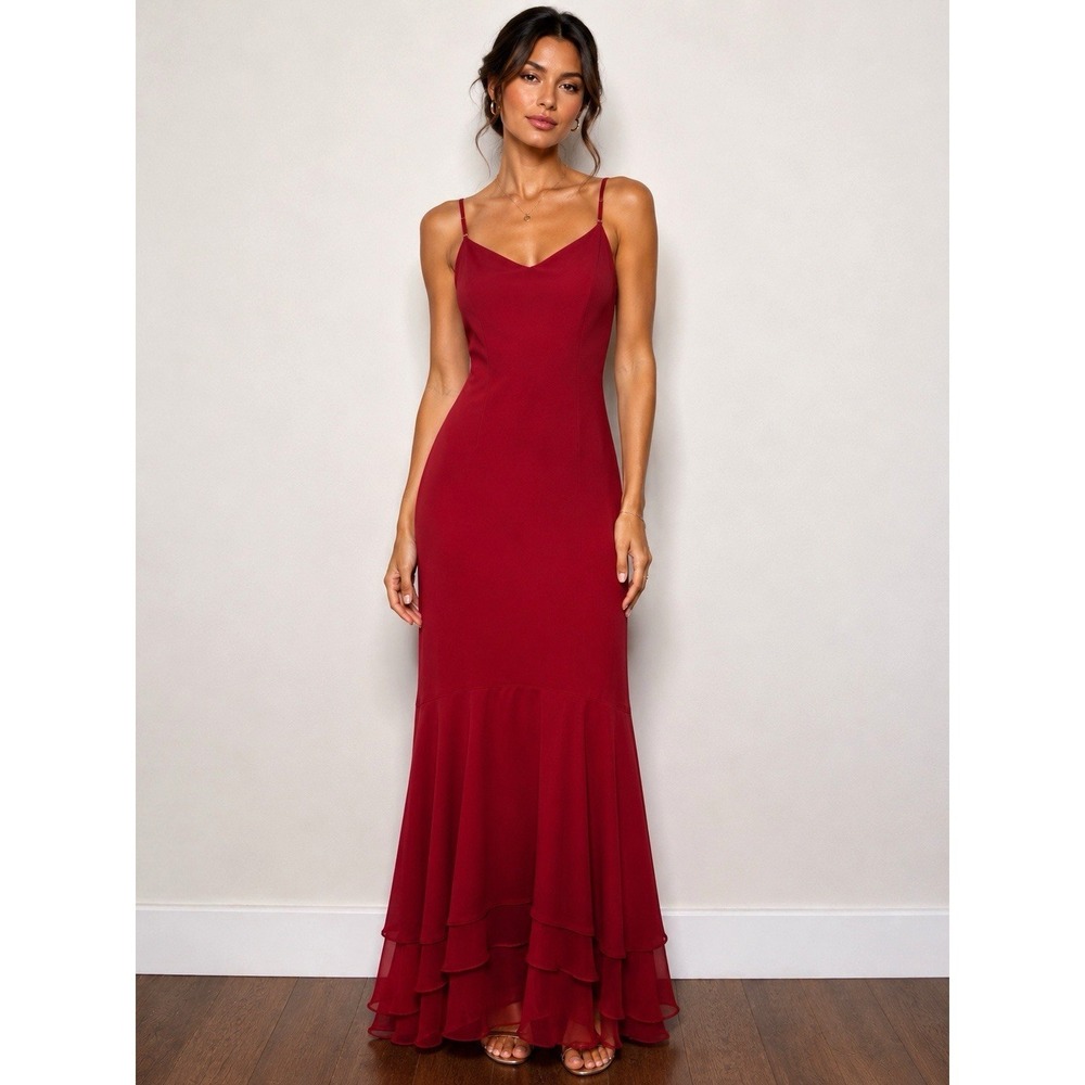 Vintage Y2K Whimsigoth Ruffle Slip Dress Red Maxi USA Formal Cocktail Event S